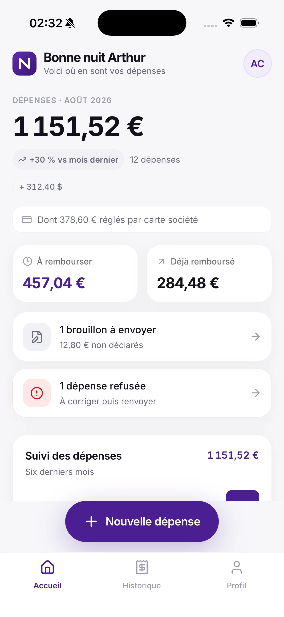 Application Neyte affichant le suivi des dépenses du mois