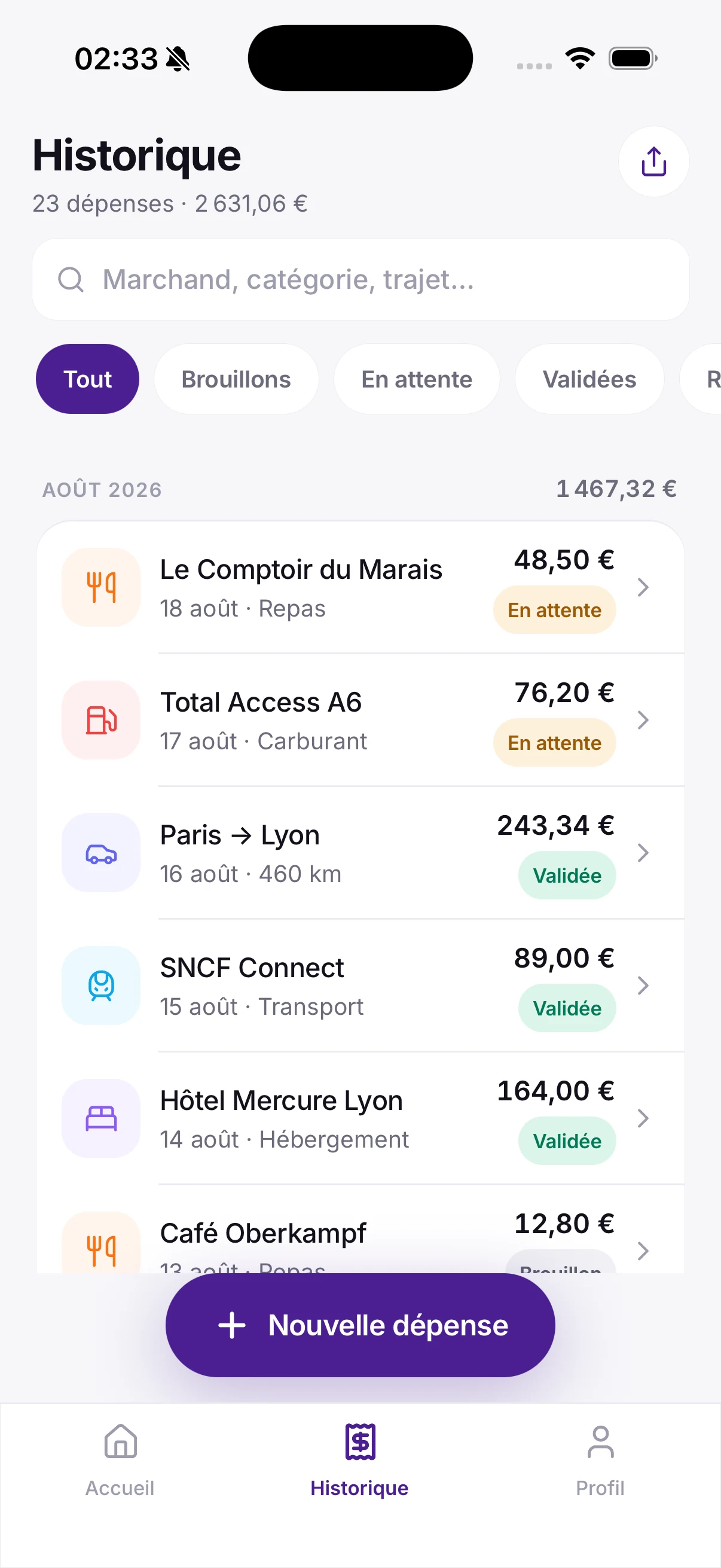 Historique des dépenses de Neyte, filtrable par statut et groupé par mois